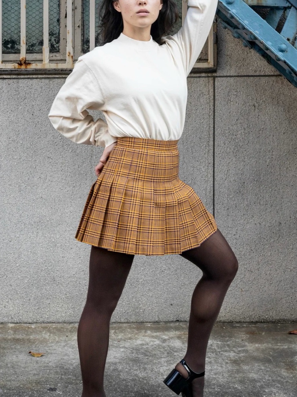 Los Angeles Apparel Mustard Plaid Pleated Mini Skirt